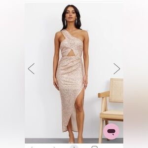 LIKE A FEATHER MIDI DRESS ROSE GOLD SEQUIN size Small